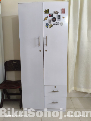 Double-door, 2- drawer white colour wardrobe for sale